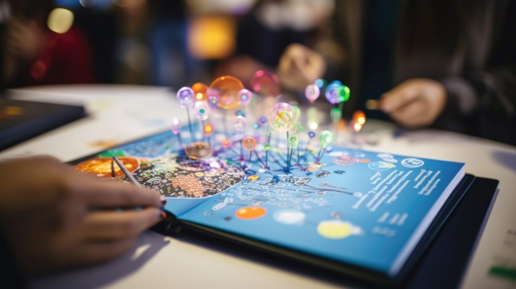 Closeup of a textbook with an augmented reality marker, revealing interactive learning activities.