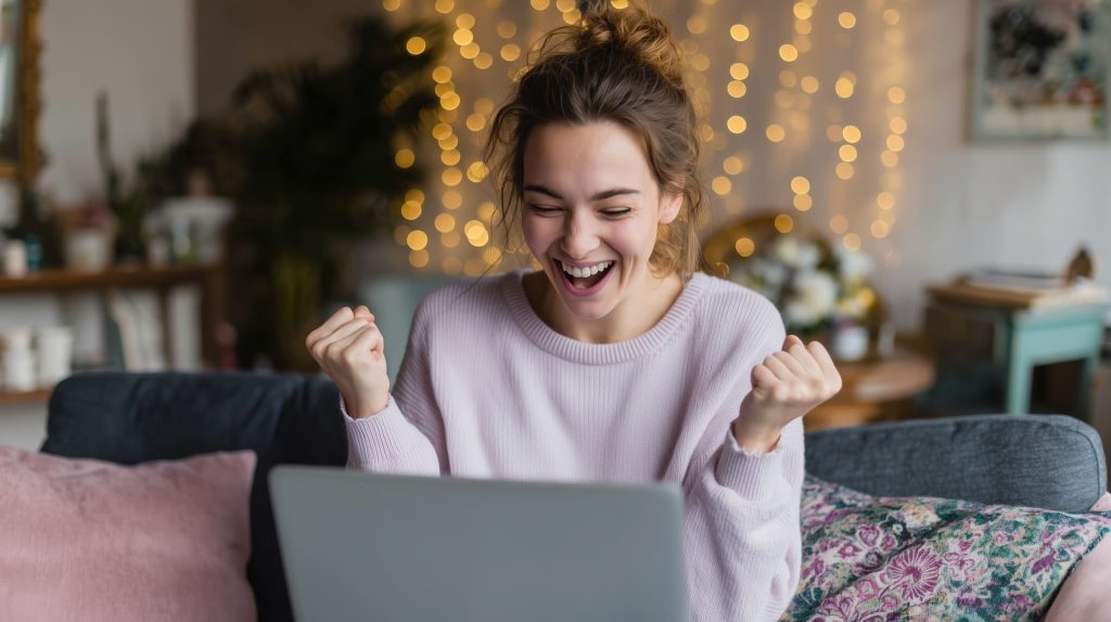 A woman sits on a couch in a stylish living room, expressing joy as she celebrates a personal achievement while engaging with her laptop. Soft lighting enhances the cozy atmosphere.