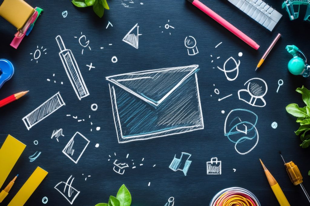 Email marketing and communication concept with a big envelope drawn on a blackboard surrounded by office supplies and hand drawn business icons.