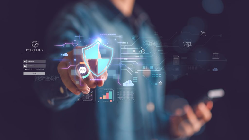 Advanced cybersecurity system with secure login authentication, shield protection, encrypted digital network, cloud technology defense, and innovative IT solutions for online safety and data privacy.