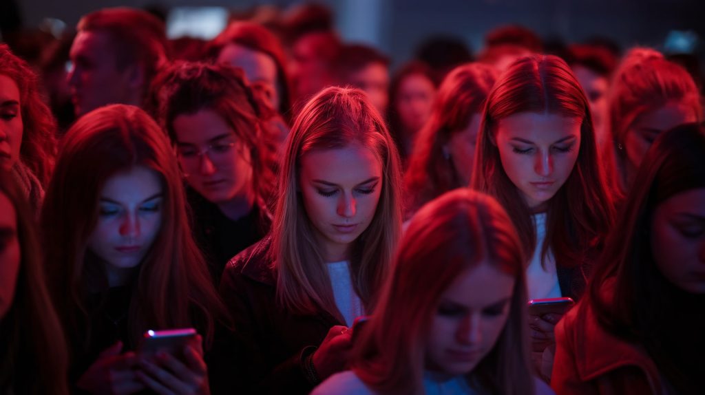 A group of young women engaged with their smartphones in a vibrant, red-lit setting.