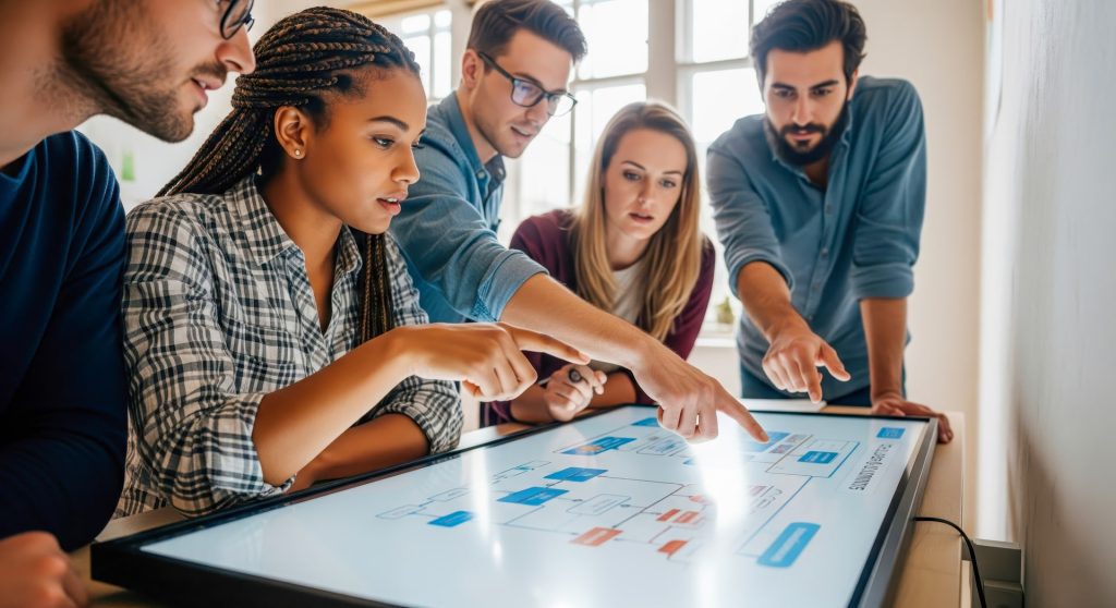 A focused team of professionals collaborates around a large interactive digital tablet. They are discussing, pointing at, and engaging with visual content, epitomizing modern business practices and teamwork innovation in a tech-savvy workspace.