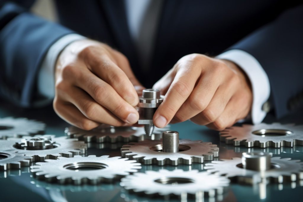 Man holding gear in hands. Teamwork metallic silver equipment industrial progress engineering machine mechanical cog wheel technology steel power transmission motion circle construction development. High quality photo.