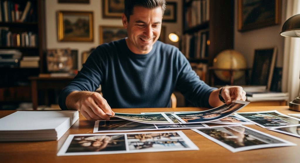 A man smiles while reviewing photographs on a wooden table in a home office setting.