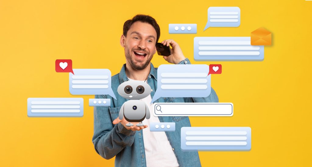 A man joyfully converses on their phone while using an AI virtual assistant. Colorful chat bubbles and messages surround them, showcasing modern technology's impact on communication.