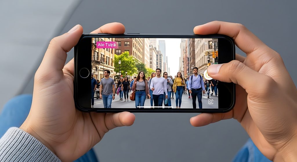 Hands are holding a smartphone taking a photo of people walking down a city street, suitable for urban lifestyle and mobile photography concepts.