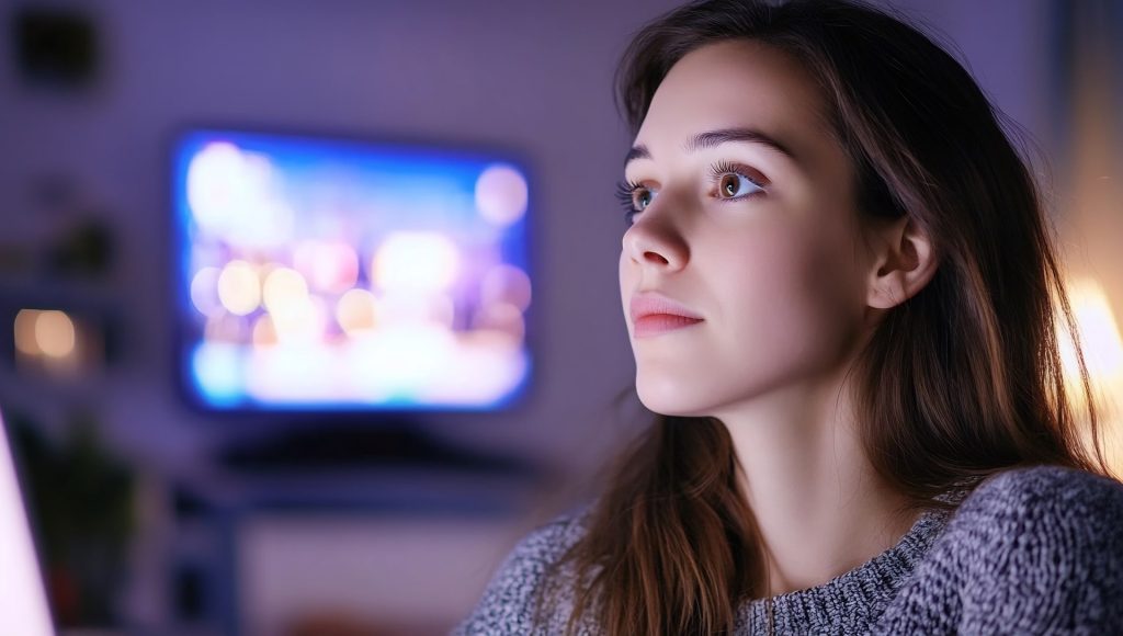Woman watching night home thoughtful.