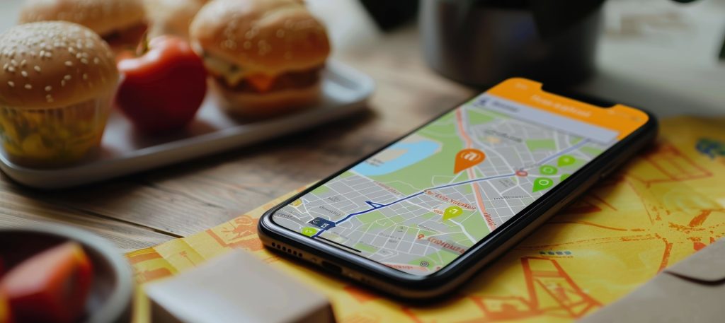 Food delivery app interface showcasing a photorealistic progress bar over a detailed map. features include restaurant and rider icons, providing accurate order tracking. ideal for illustrating modern app design and user experience.