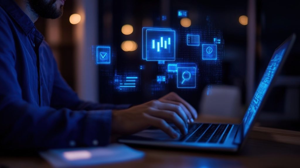 Person working on a laptop with digital interface elements.