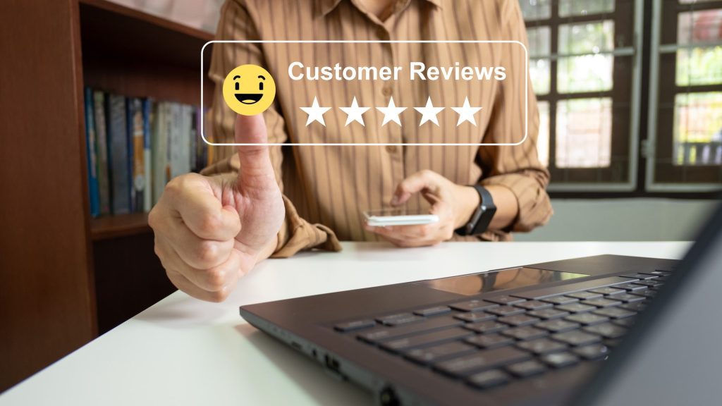 Satisfied customer experience concept, happy business customer using smartphone, the best review, High quality service, Most rated, the highest score, 5 stars, Social media very good.
