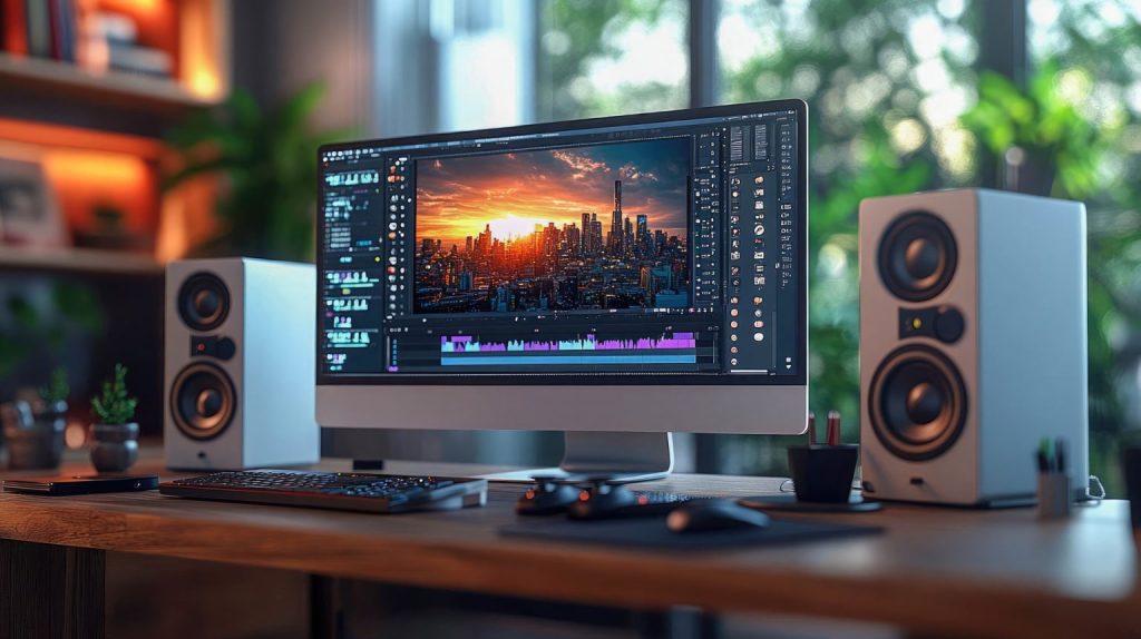 A modern workstation with a computer, speakers, and a professional video editing interface on the screen, designed for video editing and post-production.