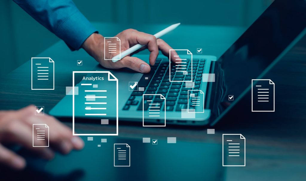 Working Data Analytics and Data Management Systems and Metrics connected to corporate strategy database for Finance, Intelligence, Business Analytics with Key Performance Indicators, social network.