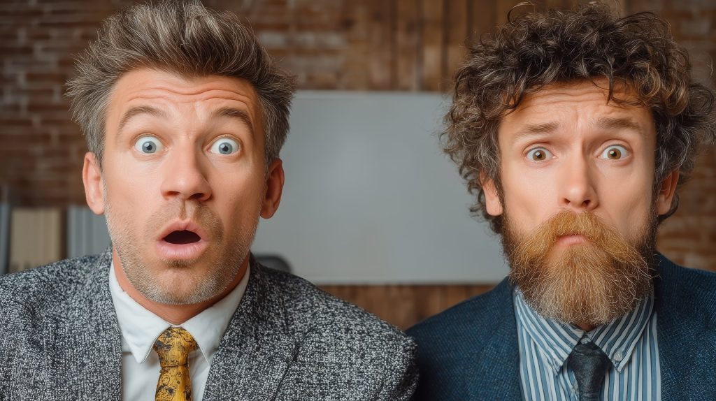 Two shocked businessmen displaying intense emotions while seated in a modern office.