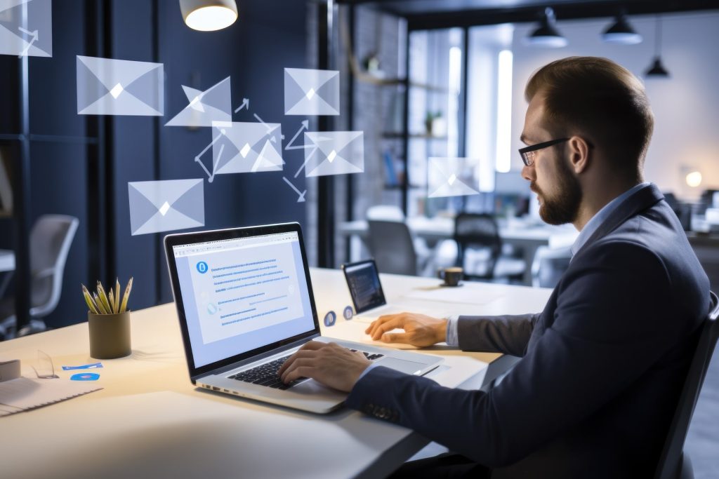 Person sending emails on laptop. marketing care customer concept.